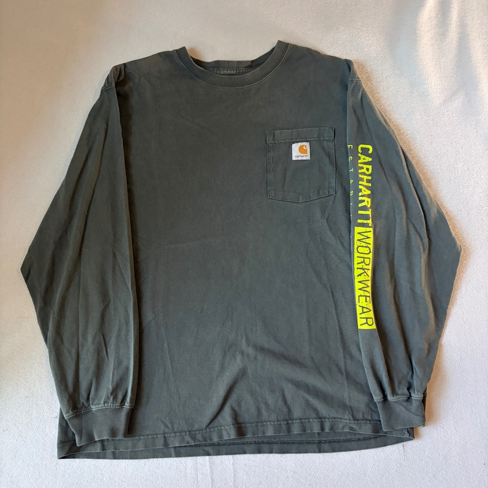 Carhartt Mens Long Sleeve Pocket T-Shirt Gray Original Fit Graphic Sleeve Large